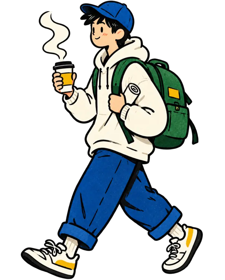 An illustrated maker walking with a backpack, coffee, and a rolled note