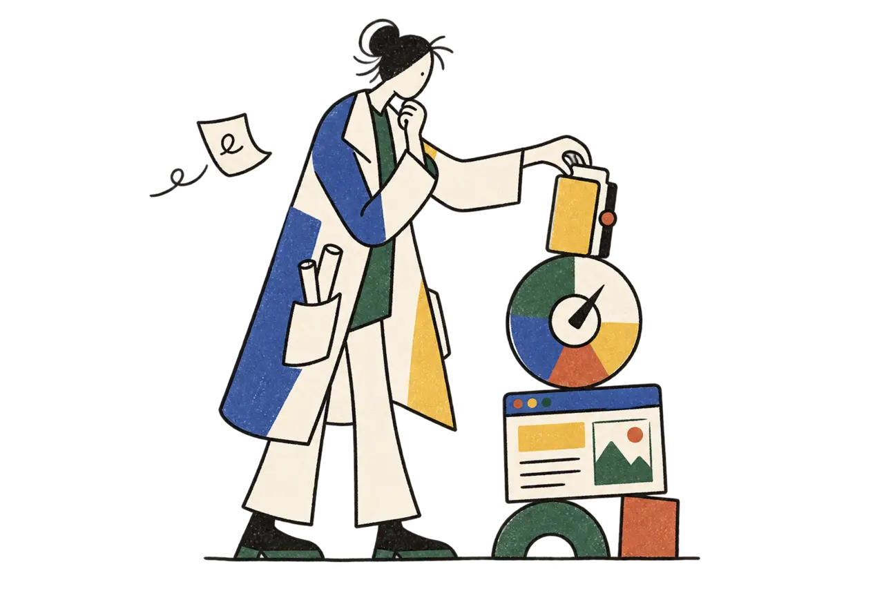 An abstract figure arranging a page, a wheel, and a file into a small tower.