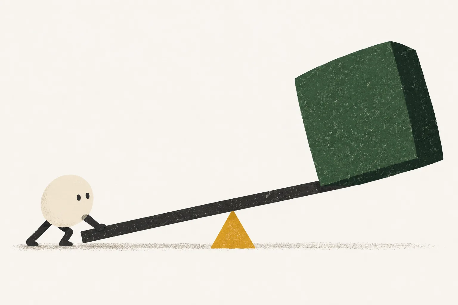 A small dot-eyed figure uses a lever to lift a much larger green block.