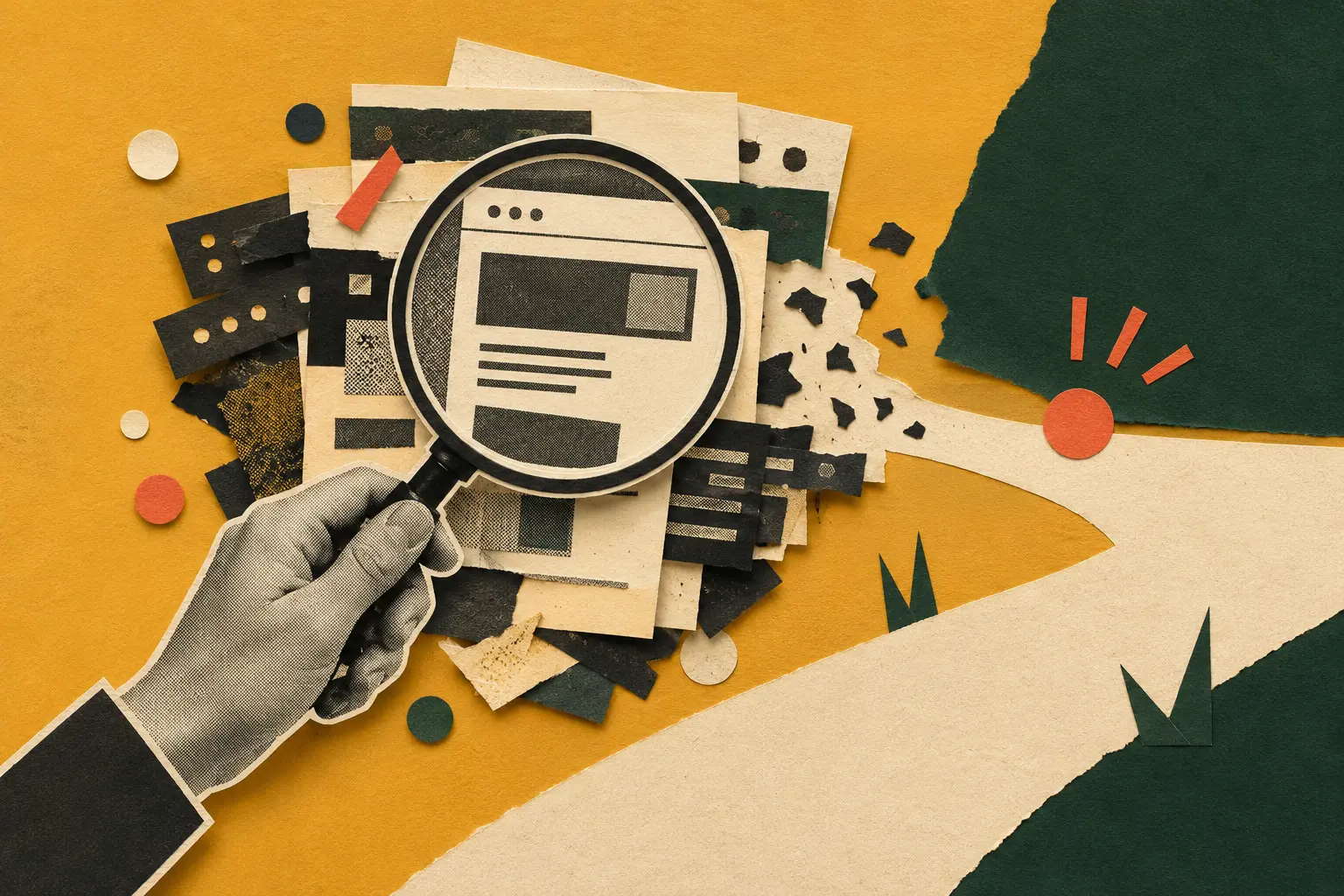A paper-collage hand using a magnifying glass to inspect layers of a webpage.