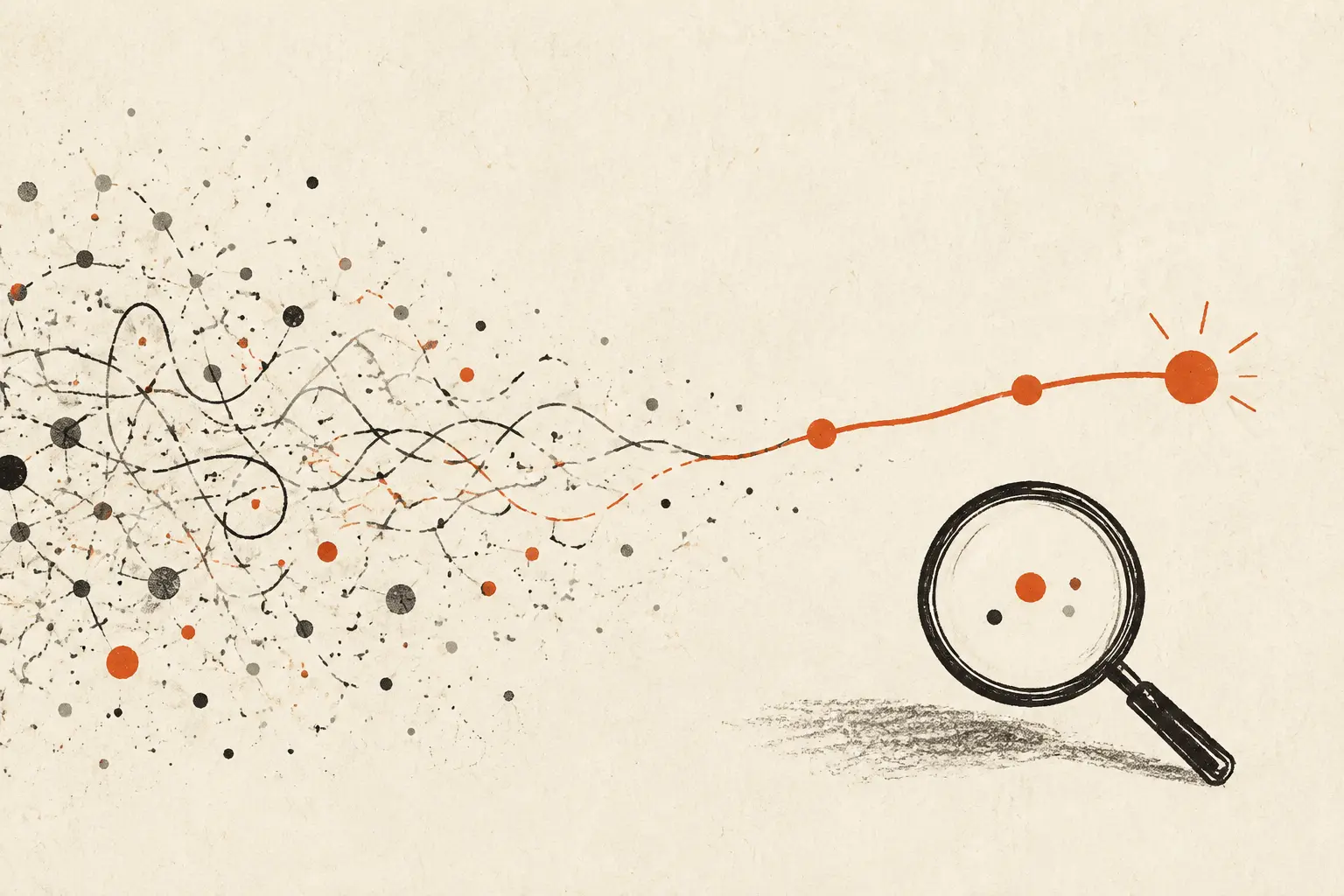 A noisy field of signals becoming one clear path beside a magnifying glass.