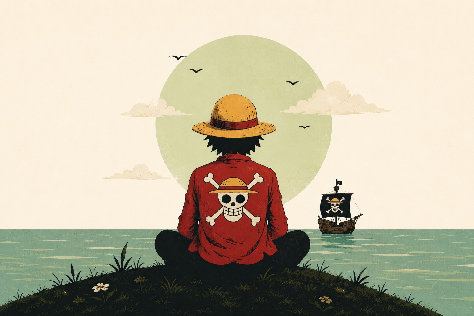 A straw-hatted pirate sitting on a grassy cliff looking out at a pirate ship on a calm sea.