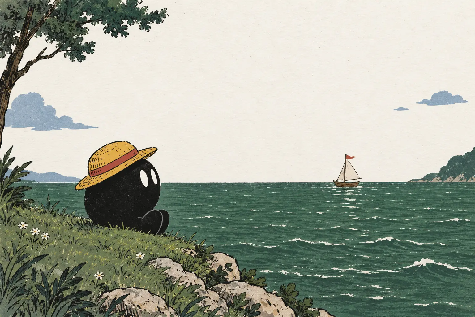 A two-eyed dot in a straw hat sitting on a grassy shore and watching a small sailboat.