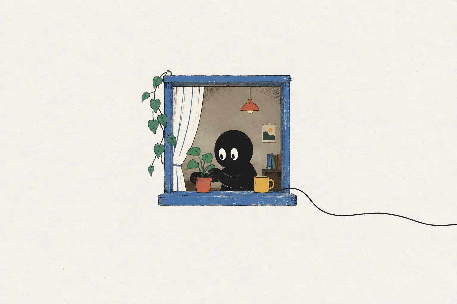 A two-eyed dot tending a plant inside one small handmade window connected by a wandering cable.