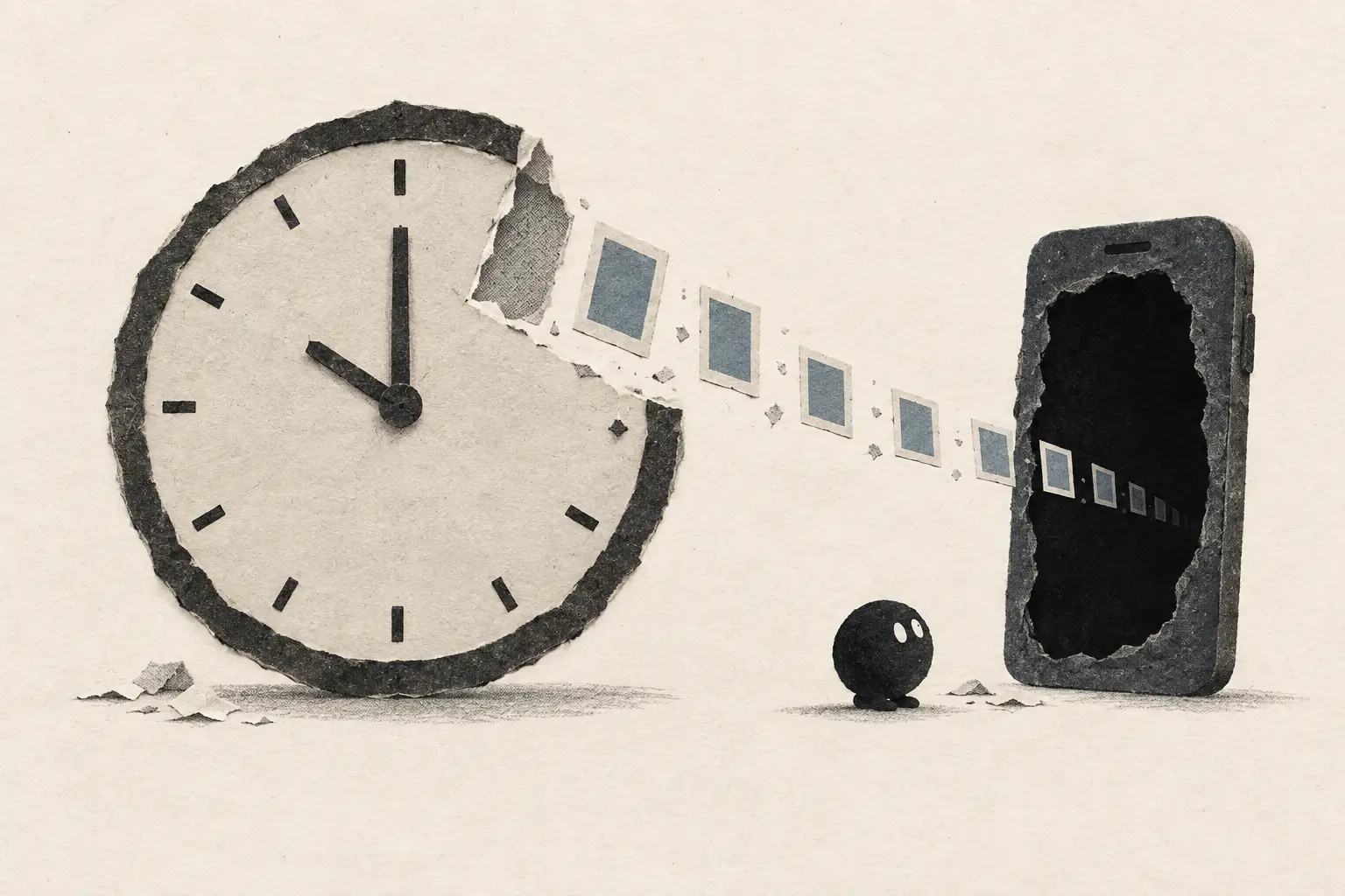 A paper clock loses an hour into a trail of empty video frames disappearing inside a phone while a small dot-eyed figure watches.