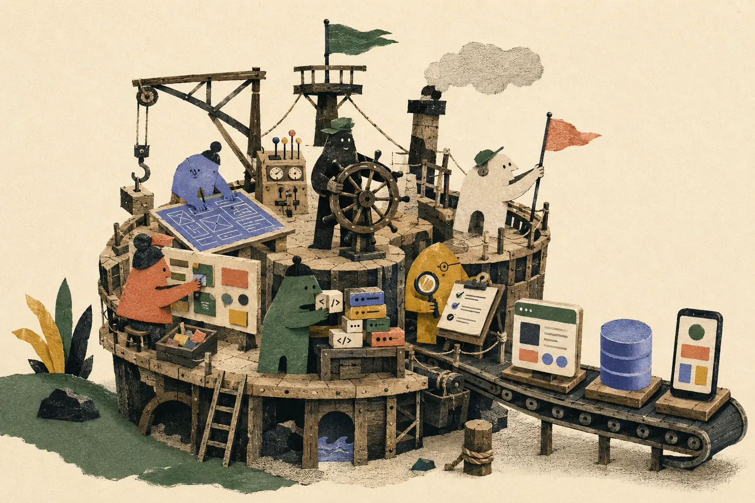 A handmade paper-collage software shipyard where a small crew designs, builds and checks websites, databases and mobile apps.