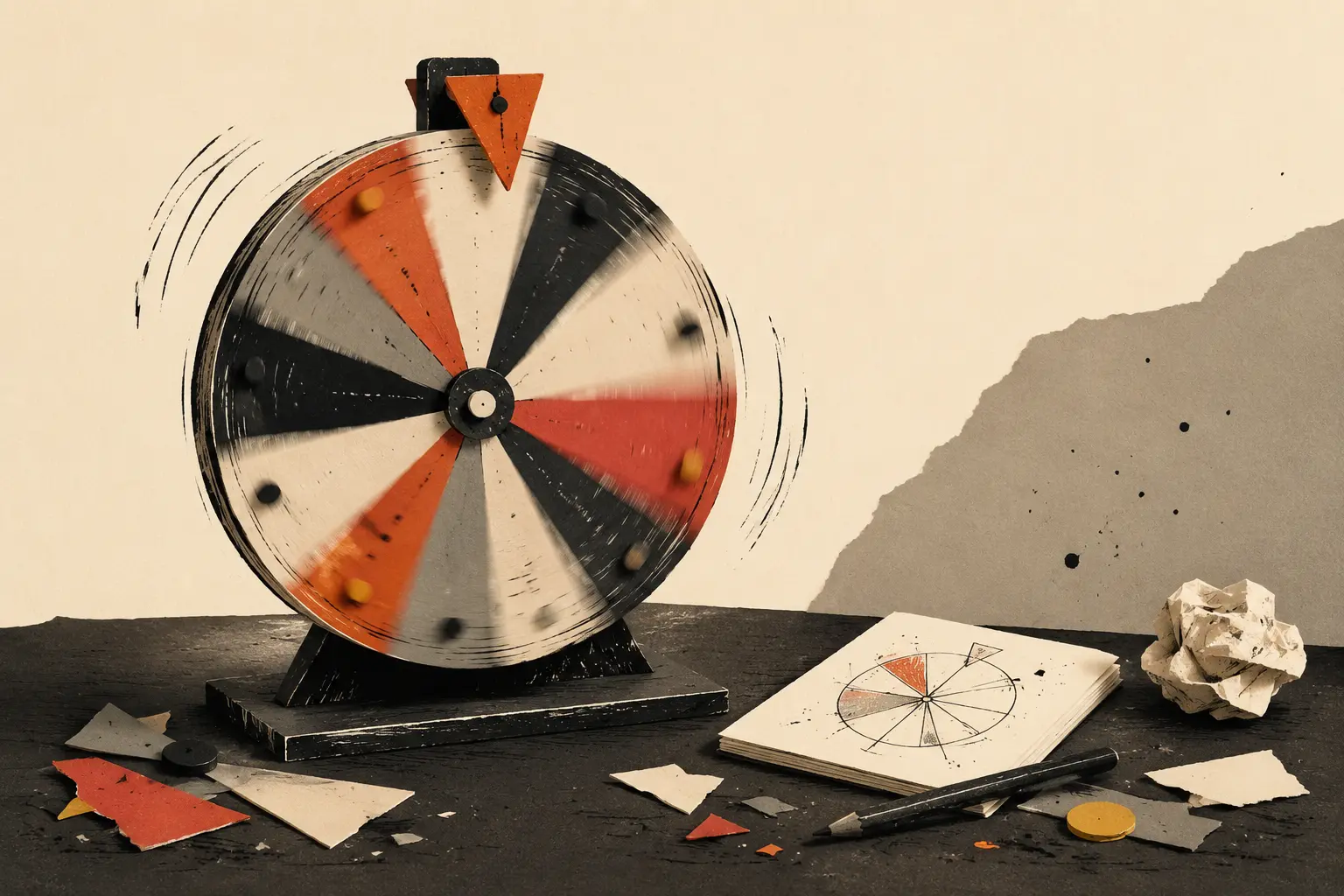 A handmade prize wheel spinning beside sketches and paper scraps.