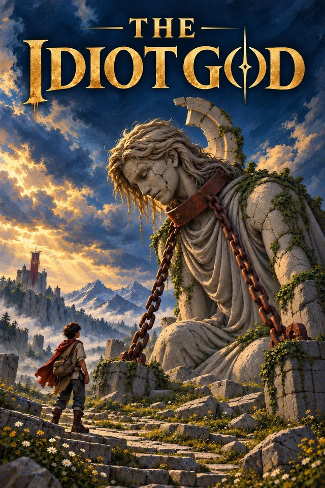 The Idiot God cover: a traveller beneath a chained stone god with a broken halo.